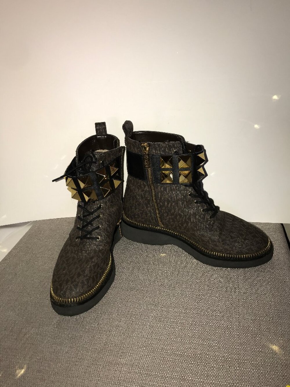 Michael Kors Haskell Studded Leather and Logo Combat Boots 9
